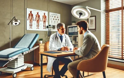 a man in a white coat talking to a man in a medical office