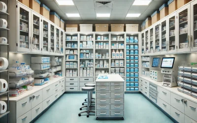 a room with shelves of medicine and a stool