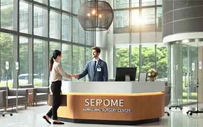 a man and woman shaking hands in a hospital reception